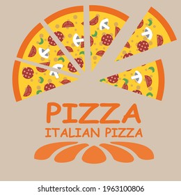 Pizza menu, labels and design elements. Pizza, slices of pizza on a light background. Sliced pizza. Flat design,