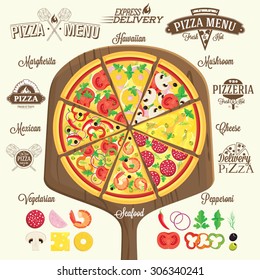 Pizza menu, labels and design elements