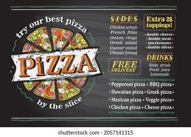 Pizza menu list, board or flyer vector mockup with place for text and pizza slices graphic illustration