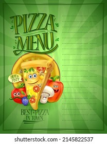 Pizza menu list with cartoon personages of pizza slice and vegetables, copy space for text and green rays backdrop, vector illustration