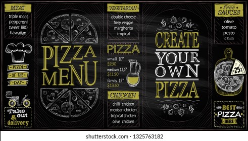 Pizza menu list chalkboard set, create your own pizza, pizza of the day, discounts, delivery