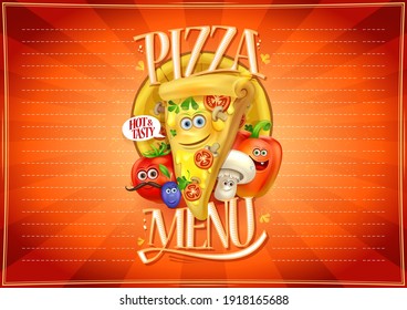 Lista de menús pizza con pizzas y verduras, espacio vacío para texto, fondo vectorial