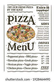 Pizza menu list template with whole pizza vector illustration