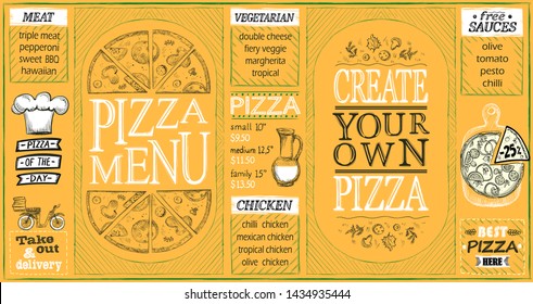 Pizza menu lists set, create your own pizza, pizza of the day, discounts, pizza delivery