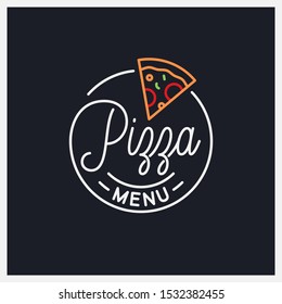 Logo del menú pizza. Logotipo lineal redondo de porción de pizza sobre fondo oscuro