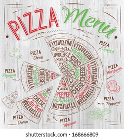 Pizza menu names of dishes, Hawaiian, cheese, chicken, pepperoni and other ingredients tomato, basil, olive to design, stylized drawing with chalk of red, green on light wood background.