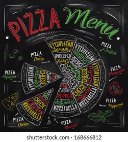 Pizza menu names of dishes, Hawaiian, cheese, chicken, pepperoni and other ingredients tomato, basil, olive to design, stylized drawing with chalk of red, green on chalkboard background.