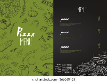 Pizza menu the names of dishes of Pizza, Hawaiian, cheese,  chicken, pepperoni and other ingredients tomato, basil, to design a menu stylized drawing with chalk. Vector set