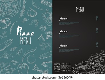 Pizza menu the names of dishes of Pizza, Hawaiian, cheese,  chicken, pepperoni and other ingredients tomato, basil, to design a menu stylized drawing with chalk. Vector set