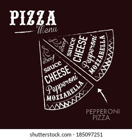 pizza menu the names of dishes of pizza, pepperoni pizza. concept vector illustration