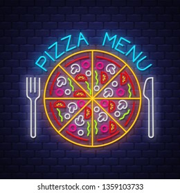 Pizza Menu - Neon Sign Vector. Pizza Menu - neon sign on brick wall background, design element, light banner, announcement neon signboard, night advensing. Vector Illustration