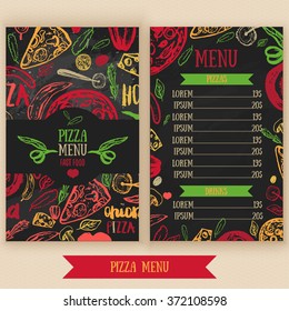 Pizza menu with olives, words, tomatoes and slices on dark background for banners, wrapping paper.