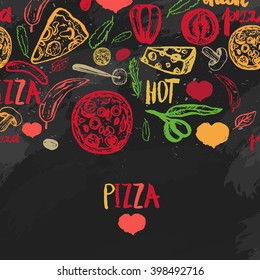 Pizza menu with olives, words, tomatoes and slices on dark background for banners, wrapping paper