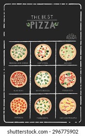 Pizza menu on chalkboard.