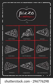 Pizza menu on chalkboard.
