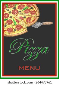 Pizza menu on chalkboard, illustration, vector, italian food