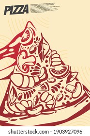 Pizza menu poster design. Close up pizza drawing. Vector image pizzeria or diner decoration banner.