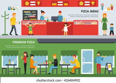 Pizza Menu and Premium Pizza flat concept web vector illustration. Pizzeria Restaurant interior presentation.