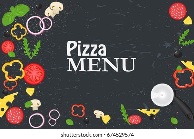Pizza menu. Products for pizza. Background with fresh ingredients.