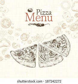 Pizza menu restaurant, hand-drawn illustration.