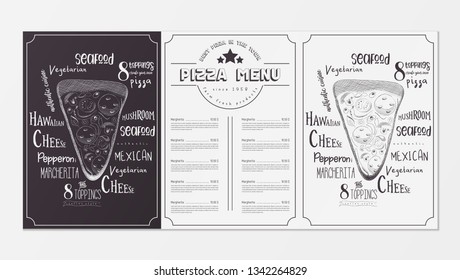 Pizza Menu for Restaurant, Pizzeria, Food Court and Cafe. Design Template Placemat or Paper Tablecloth with Two Variants of Cover - Black Chalkboards and White Background. Vector Illustration.