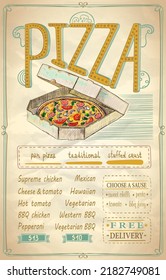 Pizza menu template, pizza in delivery box, old style paper background with place for text for cafe menu