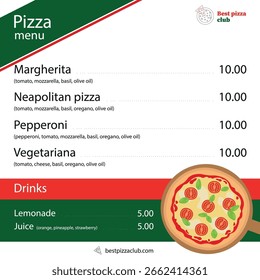 Pizza menu template in red and green colors.