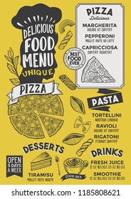 Pizza menu template for restaurant on yellow background vector illustration brochure for gourmet food and drink cafe. Design layout with vintage chefs hat lettering and doodle hand-drawn graphic.