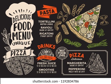 Pizza menu template for restaurant on a blackboard background vector illustration brochure for food and drink cafe. Design layout with vintage chefs hat lettering and doodle hand-drawn graphic.