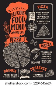 Pizza menu template for restaurant on a blackboard background vector illustration brochure for gourmet food and drink cafe. Design layout with vintage chefs hat lettering and doodle graphic.