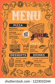 Pizza menu template for restaurant on yellow background vector illustration brochure for food and drink cafe. Design layout with vintage lettering and frame of hand-drawn graphic vegetables.
