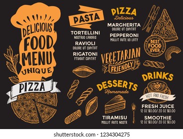 Pizza menu template for restaurant on a blackboard background vector illustration brochure for gourmet food and drink cafe. Design layout with chefs hat lettering and doodle hand-drawn graphic.