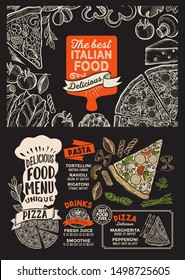 Pizza menu template for restaurant on a blackboard background vector illustration brochure for food and drink cafe. Design layout with vintage lettering and doodle hand-drawn graphic.