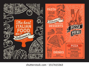 Pizza menu template for restaurant on a blackboard background vector illustration brochure for food and drink cafe. Design layout with vintage lettering and doodle hand-drawn graphic.