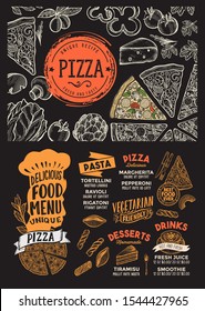 Pizza menu template for restaurant on a blackboard background vector illustration brochure for food and drink cafe. Design layout with vintage lettering and doodle hand-drawn graphic.