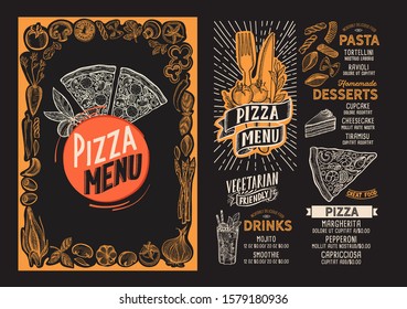 Pizza menu template for restaurant on a blackboard background vector illustration brochure for food and drink cafe. Design layout with vintage lettering and doodle hand-drawn graphic.