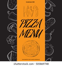 Pizza menu title with hand drawn ingredients on black and orange background vector illustration