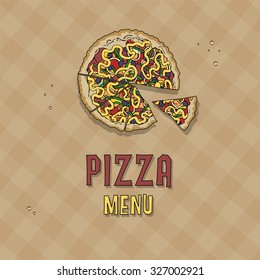 Pizza menu, top view of delicious pizza, with text, vector illustration