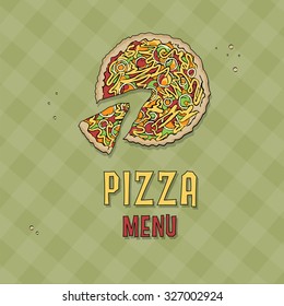 Pizza menu, top view of delicious pizza, with text, vector illustration