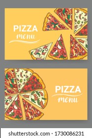Pizza menu. Two horizontal banners / templates. Hand drawn vector illustration.