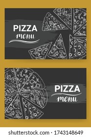 Menú pizza. Dos banners / plantillas horizontales. Ilustración vectorial dibujada por mano