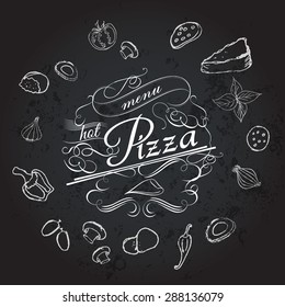 Pizza menu typography template with hand drawn ingredient