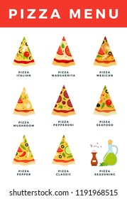 Pizza menu vector flat icons set with Italian, Margherita, Mexican, Mushroom, Pepperoni, Seafood, Pepper, Classic pizza section. Isolated on white