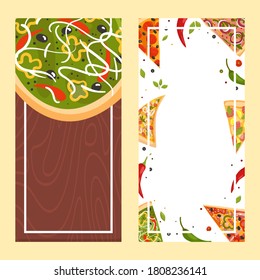 Pizza-Menü, Vektorgrafik. Karte Fastfood warmes Mittagessen, Poster leckeres Abendessen im Café. Flyer-Design mit Scheiben italienischen Pepperoni, Tomate und Käse . Kreative Zeichnen von Lebensmitteln auf dem Cover-Etikett.