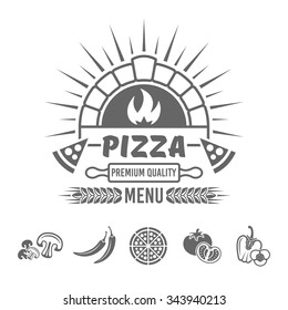 Pizza Menu Vector Monochrome Emblem Or Label, With Brick Oven And Design Elements Isolated On White Background