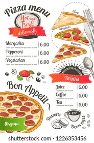 Pizza menu Vector slice with tomato, cheese, basil, salami on white background. Doodle top view. Hand-drawn Menu illustration, line and watercolor sketch.