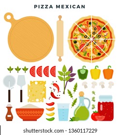 Pizza mexican and all ingredients for cooking it. Make your pizza. Set of products and tools for pizza making. Everything for dough, filling and sauce. Vector illustration in flat style.