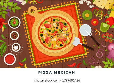 Pizza mexican vector illustration in flat design. Top view meal isolated on white background.