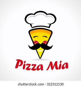 Pizza Mia logo. Logotype of cooking, quickly delivering with smiles, mustaches and Chef's hat. Vector branding sign with naming idea.