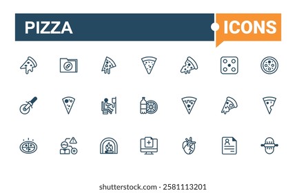 Pizza minimal icon set. Includes icons for graphic, eat, pepperoni, restaurant, burger, menu. Thin outline icons pack. Editable vector outline and solid icons.